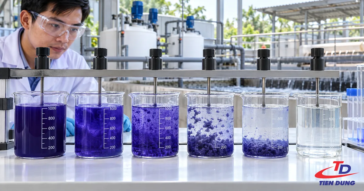 Thí nghiệm jar-test với sáu cốc nước thải dệt nhuộm, độ màu giảm dần từ tím đậm sang trong