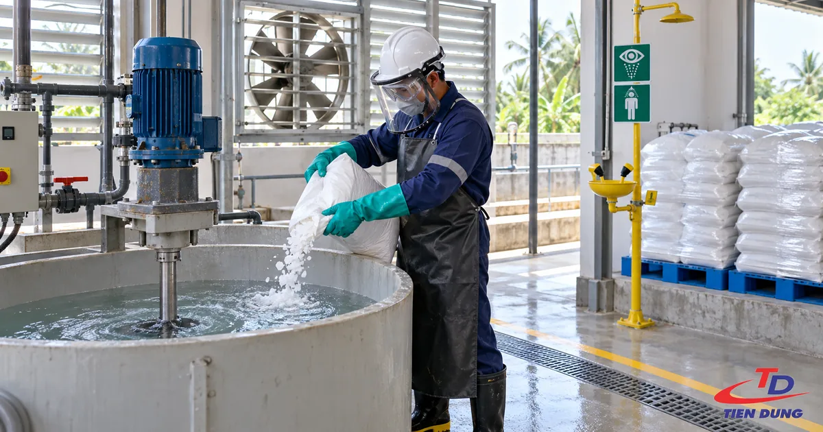 Nhân viên đổ xút vảy vào bồn khuấy, mặc đầy đủ bảo hộ, phía sau là vòi rửa mắt khẩn cấp